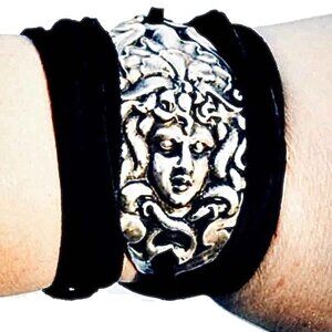 Antique Sterling Silver Medusa 925 Tie Wrap Cuff Art Nouveau Genuine Leather